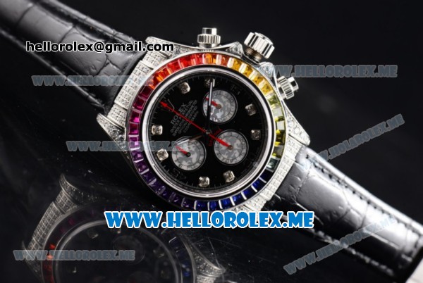 Rolex Daytona Rainbow Swiss Valjoux 7750 Automatic Steel Case with Black Dial and Black Leather Strap Diamonds Markers (GF) - Click Image to Close
